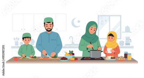 Illustration of a Muslim family cooking together in a kitchen with various food and ingredients on the table.