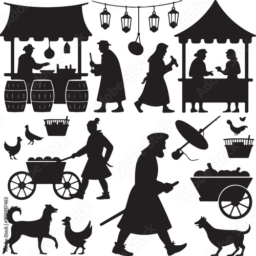 black silhouettes of people and animals in a market scene