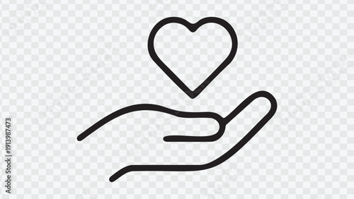 Hand holding heart icon for charity and love symbol in clean outline design