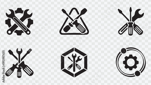 Industrial tool symbols combining wrenches screwdrivers and gears for repair service logos