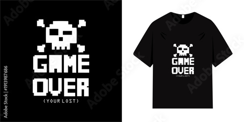 Game over t-shirt design, skull illustration with glitch and typography. Vector for clothing, t-shirts, shirts and jackets.