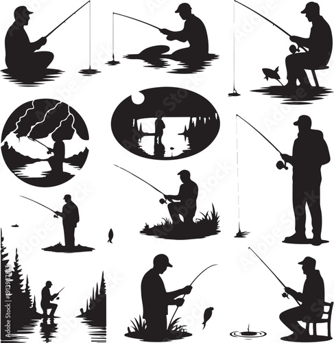 black silhouettes of people fishing in various positions and environments