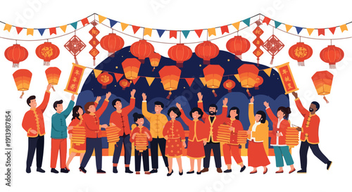 Illustration of a diverse group of people celebrating with red lanterns and colorful decorations against a white background.