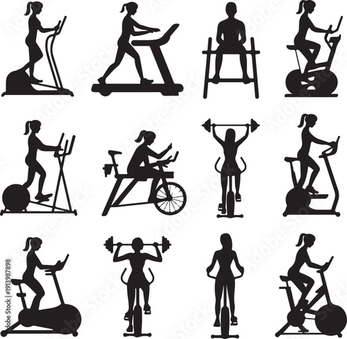 black silhouettes of people exercising on various gym equipment
