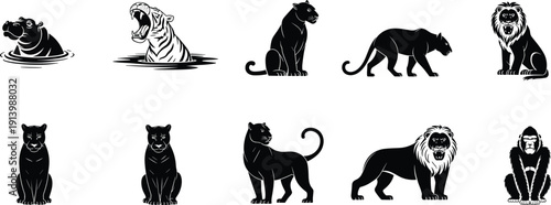 African Wildlife Big Cat and Primate Silhouette Set with Lion Tiger Panther Gorilla in Black and White Vector