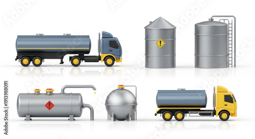 Industrial storage tanks and tanker trucks for liquid transport.
