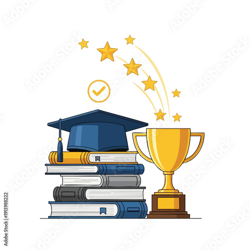 Graduation Success with Books and Trophy