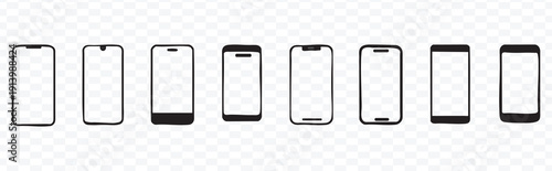 Series of various mobile phone screen outlines featuring different notch designs and sizes
