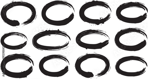 Set of hand drawn grunge ink brush stroke circles. Vector black zen enso round frames and paint texture borders collection.