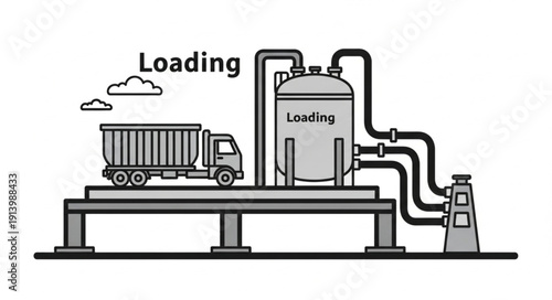 Industrial truck loading station with large tank and pipes.