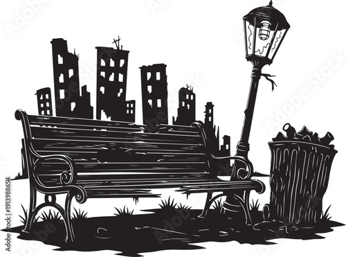 Post-Apocalyptic Urban Scene: Ruined Buildings, Broken Bench, Lamp Post, and Trash Can - Black and White Illustration