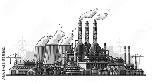 Industrial power plant with smoking chimneys and cooling towers.