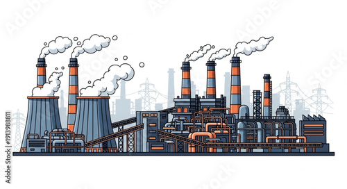 Industrial power plant with smoking chimneys and cooling towers.
