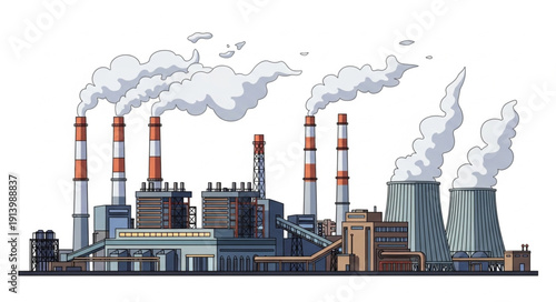 Industrial power plant with smoking chimneys and cooling towers.