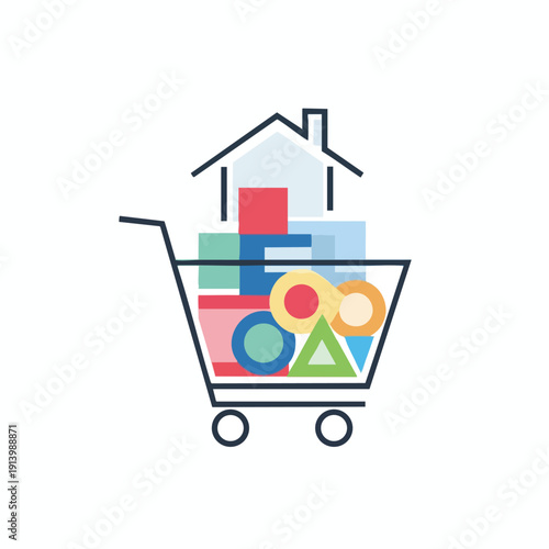 Shopping Cart Full of Household Goods and Furniture