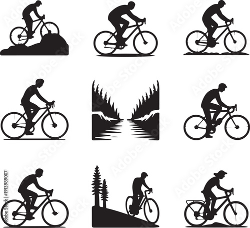 black silhouettes of people riding bicycles in various poses and landscapes
