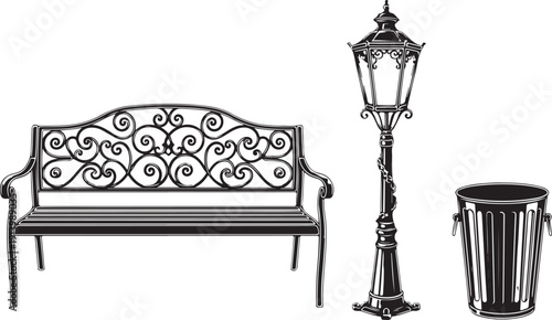 Ornate wrought iron park bench, vintage street lamp, and decorative trash can. Classic outdoor public space elements.