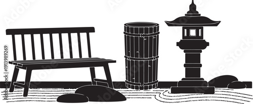 Japanese Zen garden elements: wooden bench, stone lantern, bamboo tub, and raked sand patterns. Serene outdoor decor.