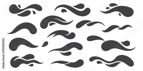 Abstract Black Swirl and Wave Shapes Vector Set, Bold Decorative Flourish Elements Isolated on White Background