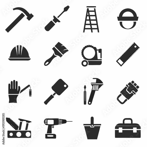 A set of black and white vector icons depicting various construction and hand tools