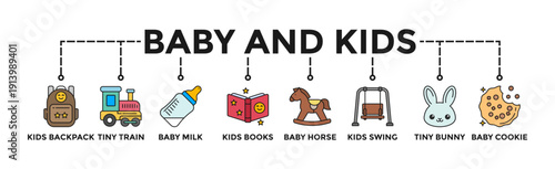 Baby and Kids banner web icon vector illustration concept with icon of  Kids Backpack, Tiny Train, Baby Milk, Kids Books, Baby Horse, Kids Swing, Tiny Bunny, Baby Cookie.