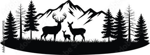 Deer Family Silhouette Vector in Mountain Forest Landscape with Pine Trees and Wildlife Nature Scene Illustration