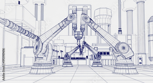 Industrial robotic arms in a factory setting blueprint sketch.
