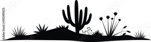 Desert Cactus and Wildflower Silhouette Landscape Vector Illustration with Succulent Plants in Arid Southwest Nature Scene Isolated Background