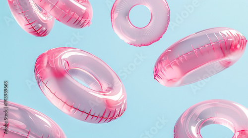 Pink translucent inflatable rings floating in light blue air. Concept of summer vacation, relaxation and minimalist abstract holiday design.