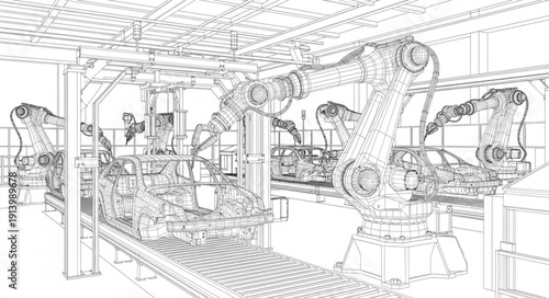 Industrial robotic arms on an assembly line sketch.