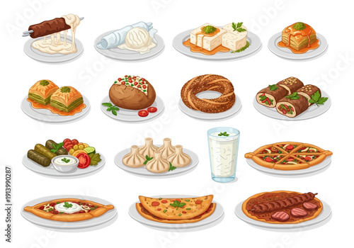 Traditional Turkish Food Vector Collection on White Background