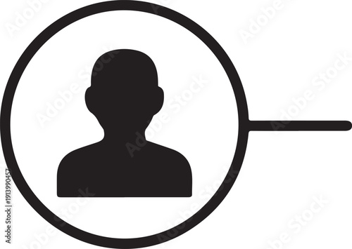 A black silhouette of a person s head and shoulders within a circular frame with a handle
