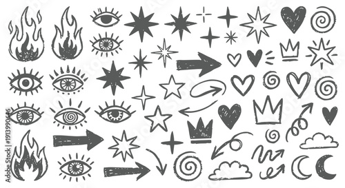 Doodle icon collection of hand drawn fire, eyes, stars and arrows in a charcoal sketch style. A versatile vector illustration set for t-shirt prints, stickers and scrapbooking designs.
