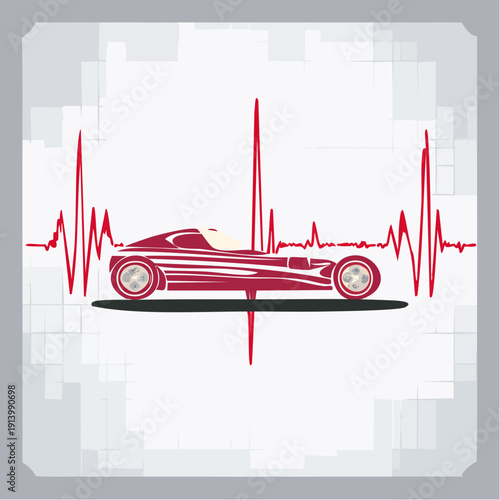 Vintage red sports car with heartbeat rhythm graphic illustration.