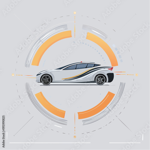 Futuristic white sports car with sleek design and orange accents.