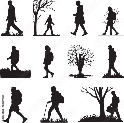 black silhouettes of people walking in various poses and trees