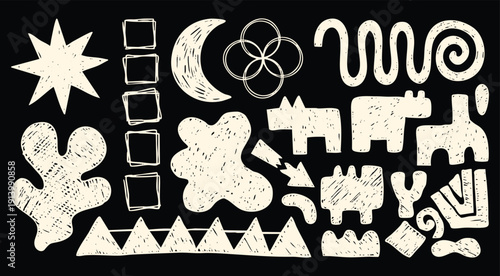 Abstract doodle shapes set with hand drawn chalk texture on black background featuring stars, moons and animals. A vector illustration collection for creative branding and art projects.