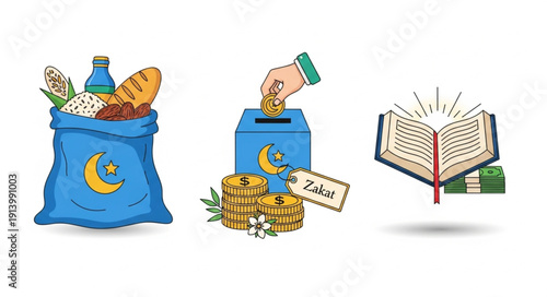 Islamic charity symbols including food donation zakat and holy book.