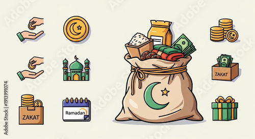 Islamic Charity Zakat and Sadaqah Collection Icons and Bag.