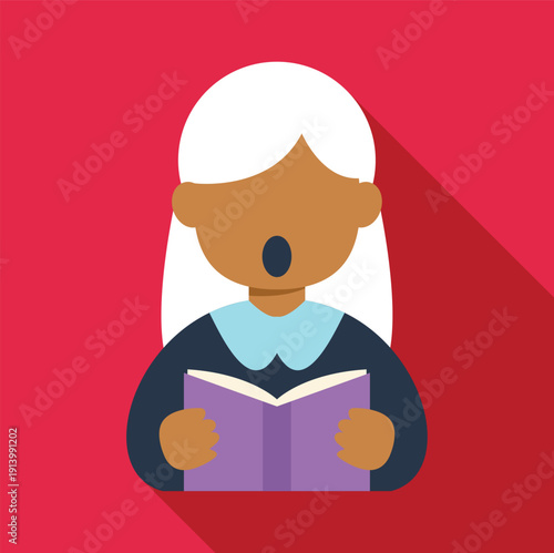 Woman singing from a songbook, performing music with open mouth expression