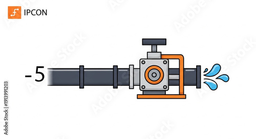 Industrial water pipe with valve and flowing water.