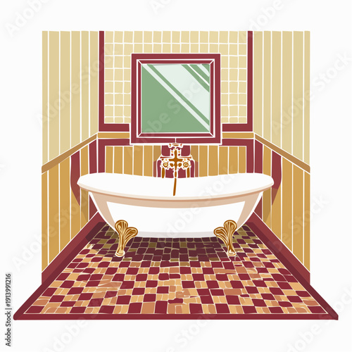 Classic clawfoot bathtub with vintage checkered floor and striped wallpaper
