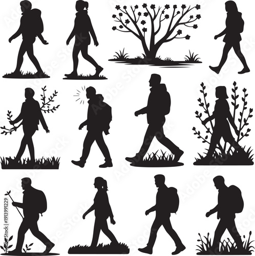 black silhouettes of people walking with backpacks and plants