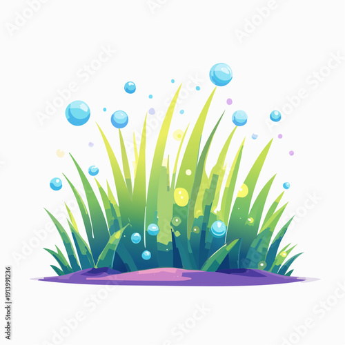 Vibrant cartoon grass patch with sparkling bubbles floating playfully around, symbolizing freshness and lively natural growth in a joyful style