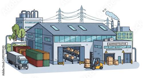 Industrial warehouse with shipping containers and forklift truck.