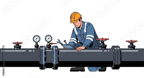 Industrial worker inspecting pipeline pressure gauges and valves.
