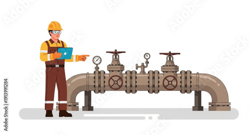 Industrial worker inspecting pipeline valves and gauges on a large pipe system.