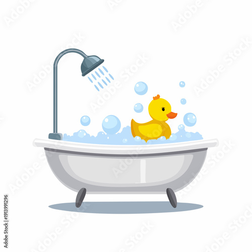Cute yellow rubber ducky floating in a bubble bath in a white bathtub