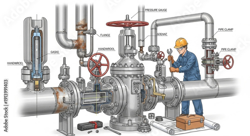 Industrial worker performing maintenance on complex piping system.