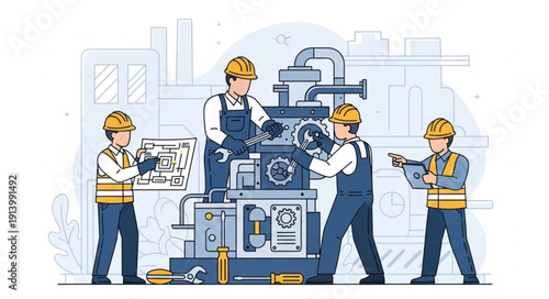 Industrial workers assembling complex machinery in a factory setting.